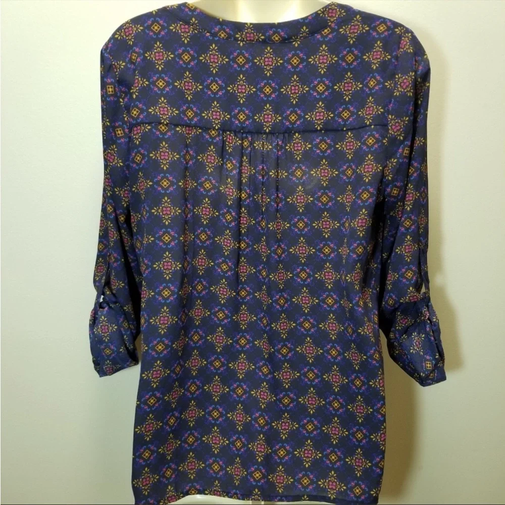 NWOT Skies Are Blue Silky Print Blouse Roll Sleeve Women S - Picture 6 of 10